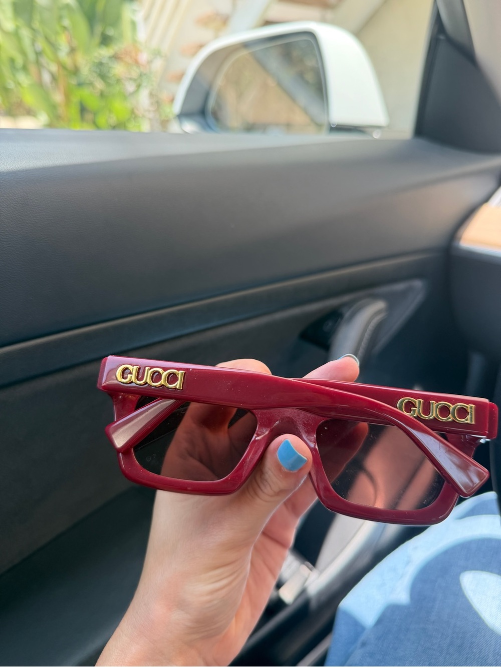 Gucci Burgundy Rectangular Sunglasses with Gold Logos